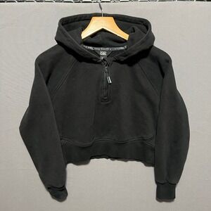Athleta Girl Black Quarter Zip Cropped Hoodie Sweatshirt L 12 Raglan Fleece